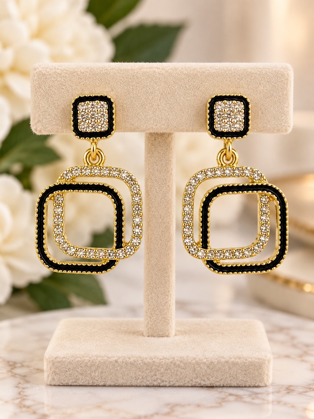 Gold Tone Black & Clear Rhinestone Geometric Drop Earrings 2"